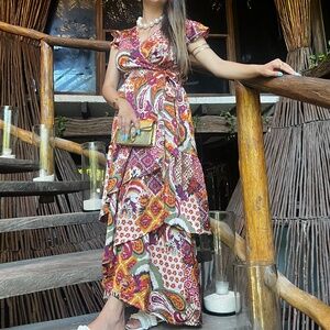 Melloday via Nordstrom Printed Satin Short Sleeves Midi Dress